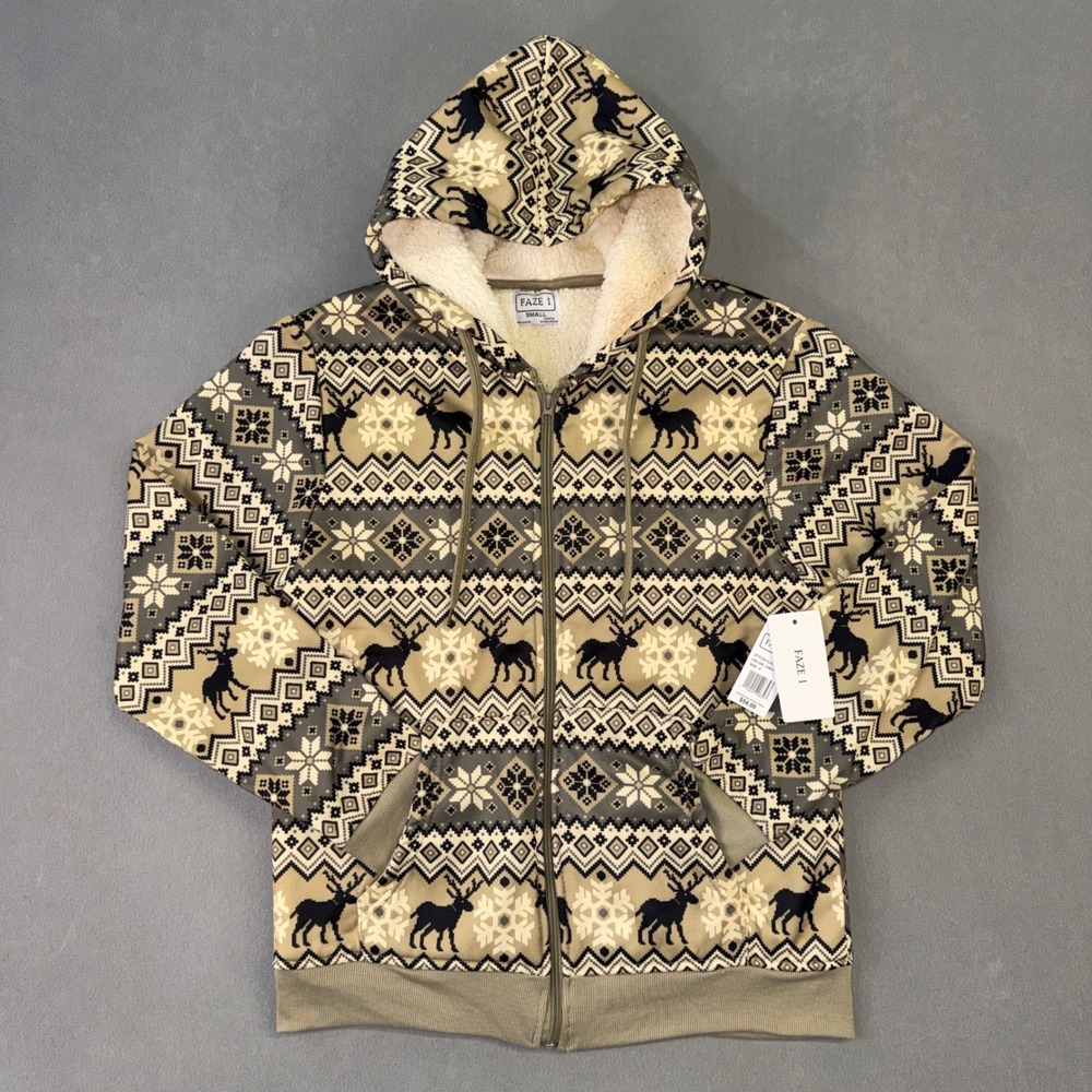 Faze 1 Mens Sherpa Lined Zip Up Hoodie Fair Isle Moose Snowflake Grey Small NWT